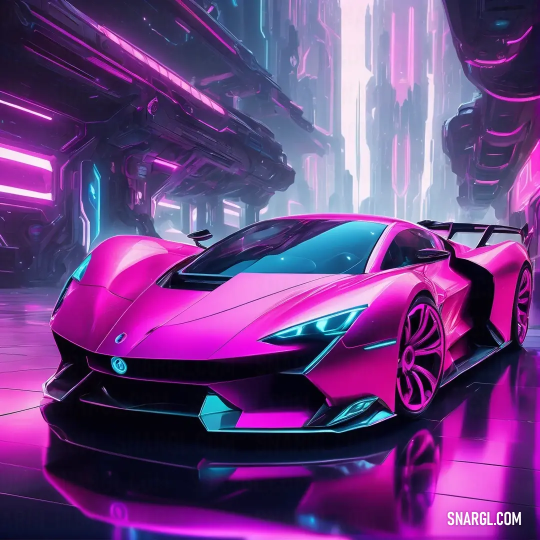 Shocking pink color. Pink sports car in a futuristic city setting with neon lights on the walls