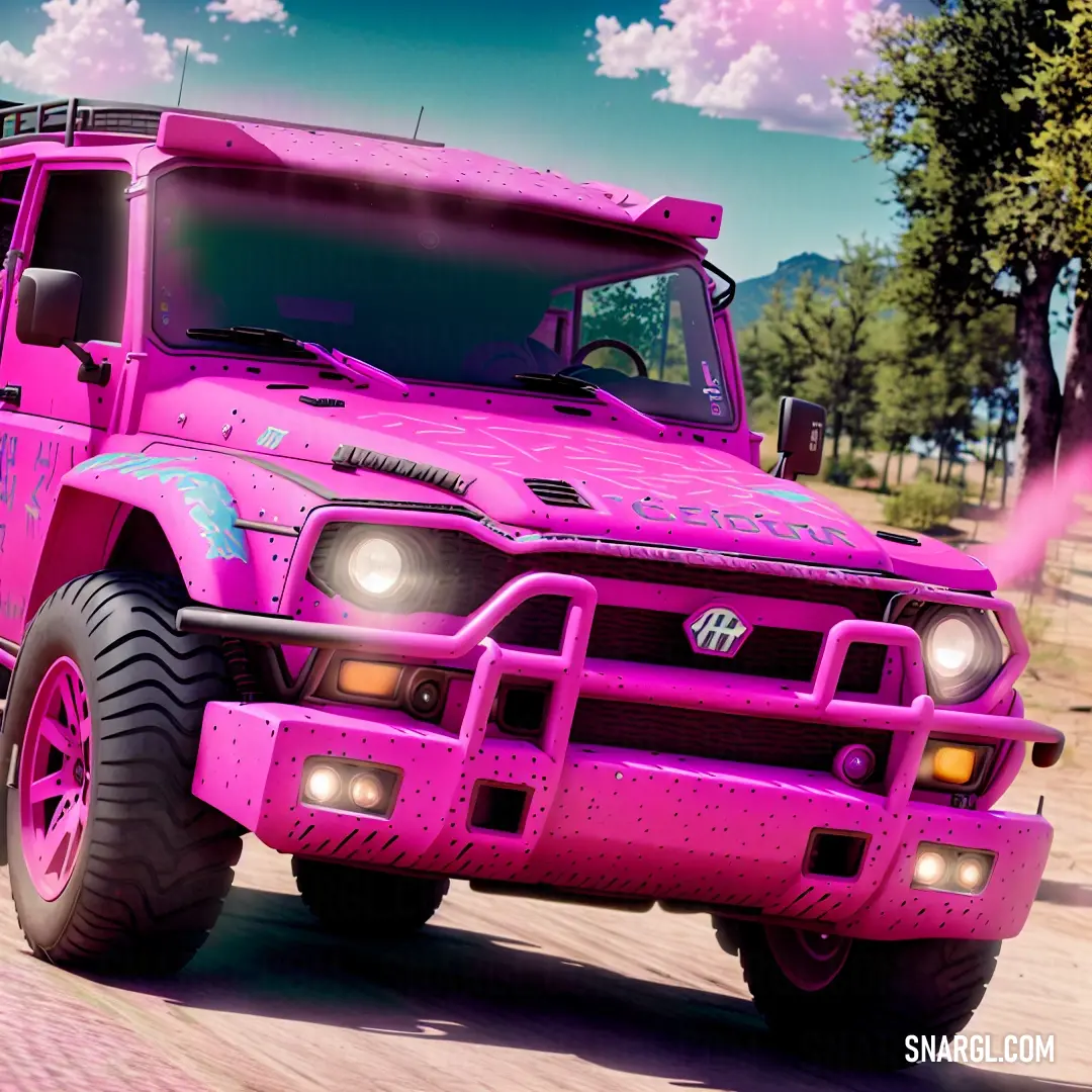 Pink truck driving down a road next to a forest of trees and clouds in the sky