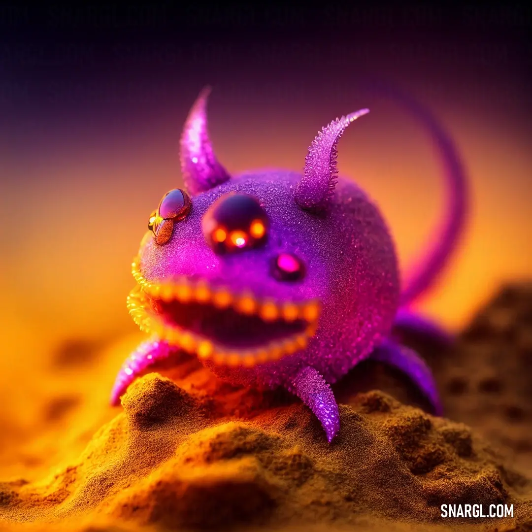 Purple toy with a creepy face and eyes on a sand dune at night time with a purple background