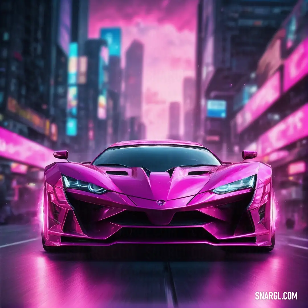 Pink sports car driving down a city street at night with neon lights on the buildings. Color RGB 252,15,192.