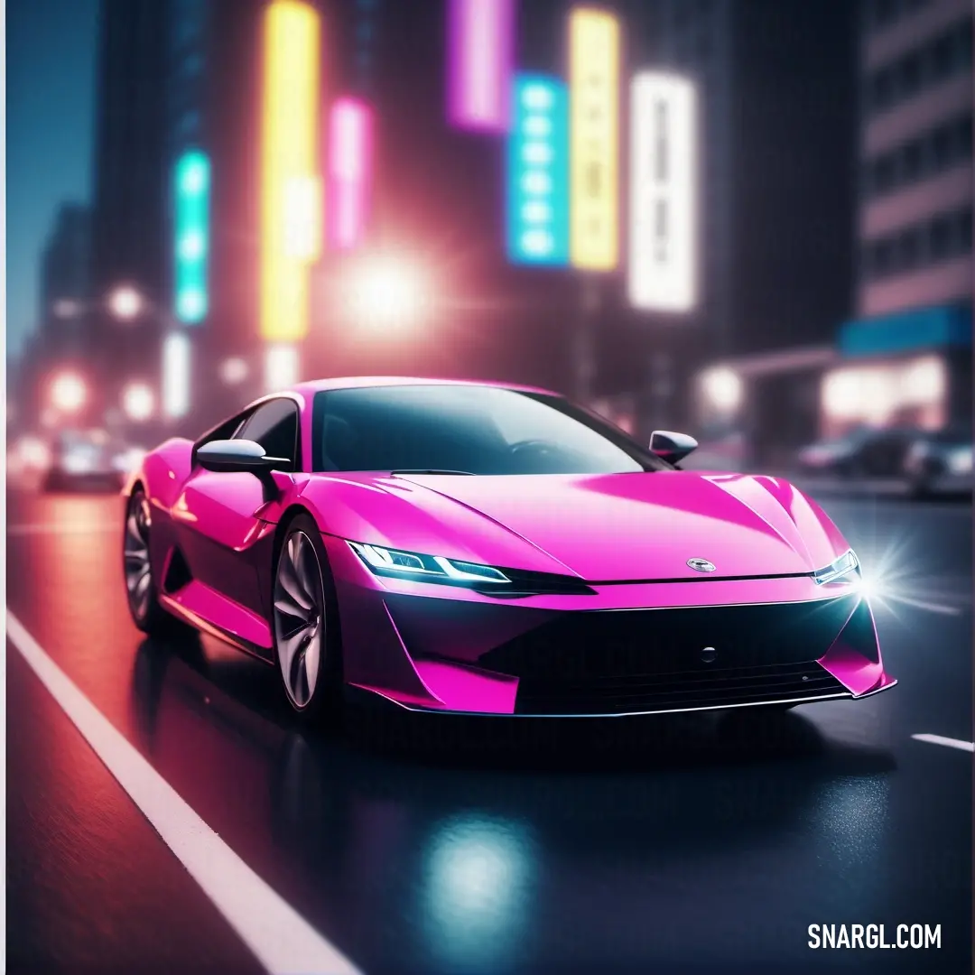 Pink sports car driving down a city street at night with neon lights on the buildings behind it and a neon sign above it