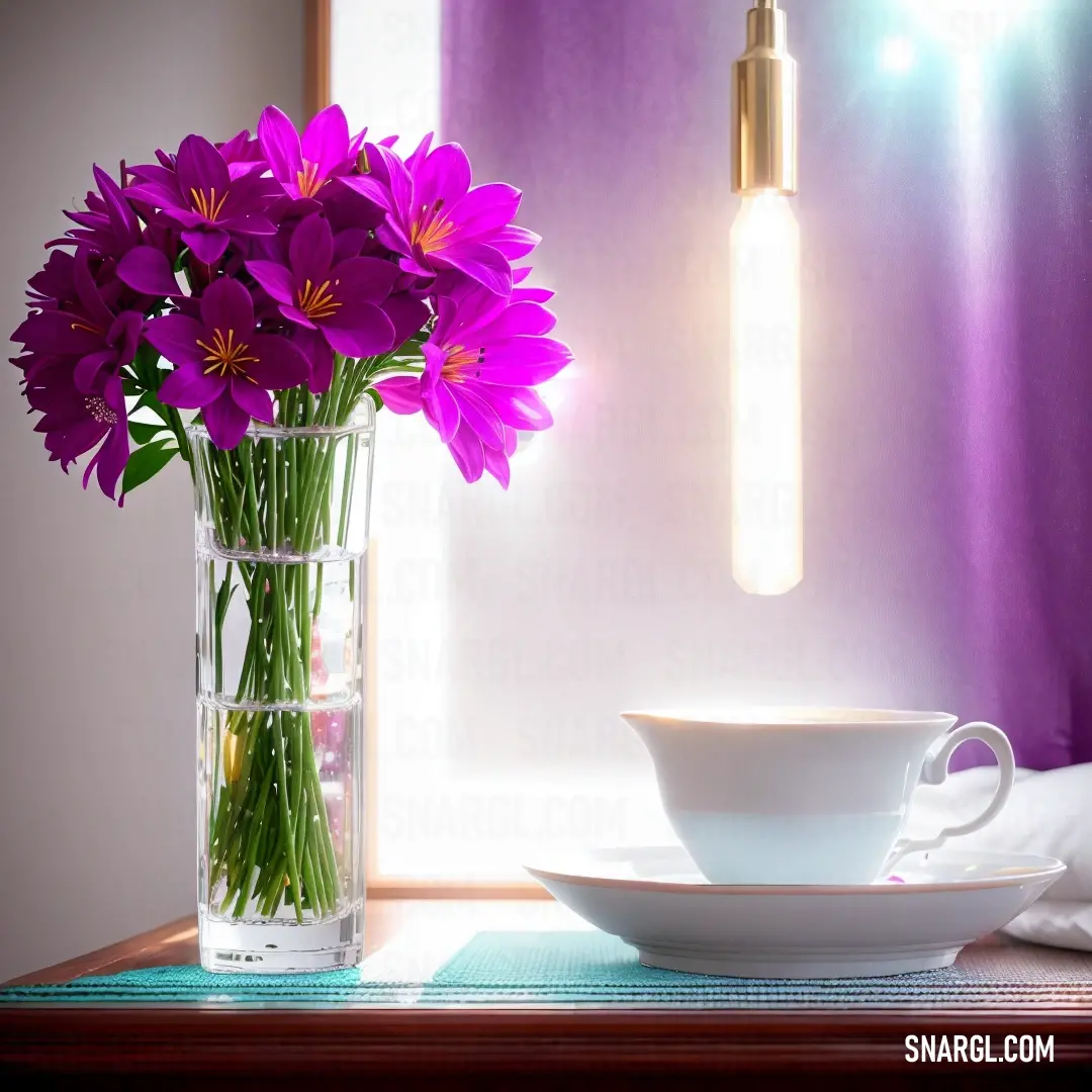Vase of purple flowers on a table next to a cup and saucer on a table cloth. Example of RGB 252,15,192 color.