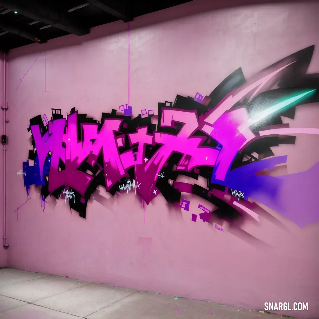Wall with a graffiti design on it in a room with a pink wall and a purple wall with a black