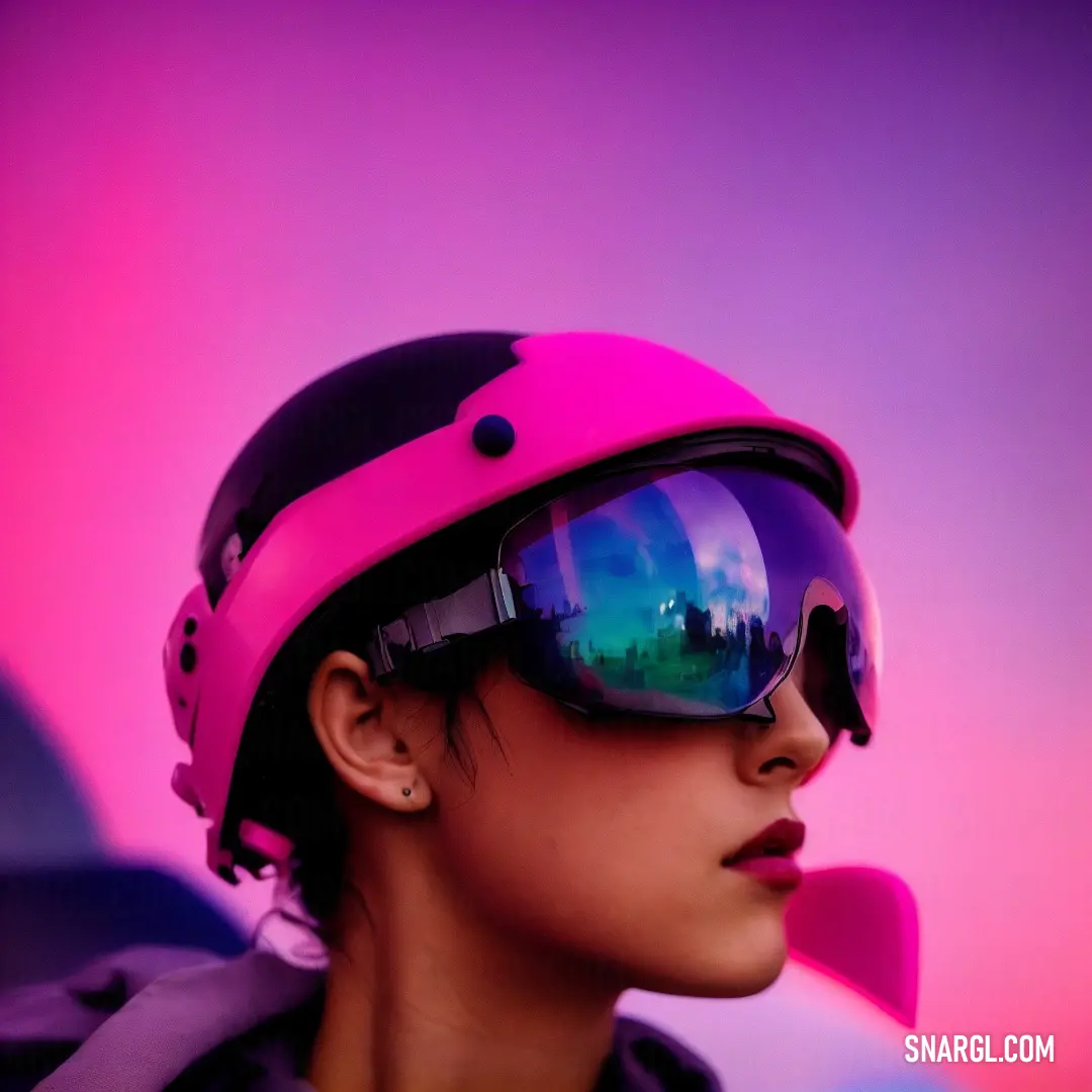 Woman wearing a pink helmet and sunglasses with a pink background and a pink sky behind her is a reflection of a building
