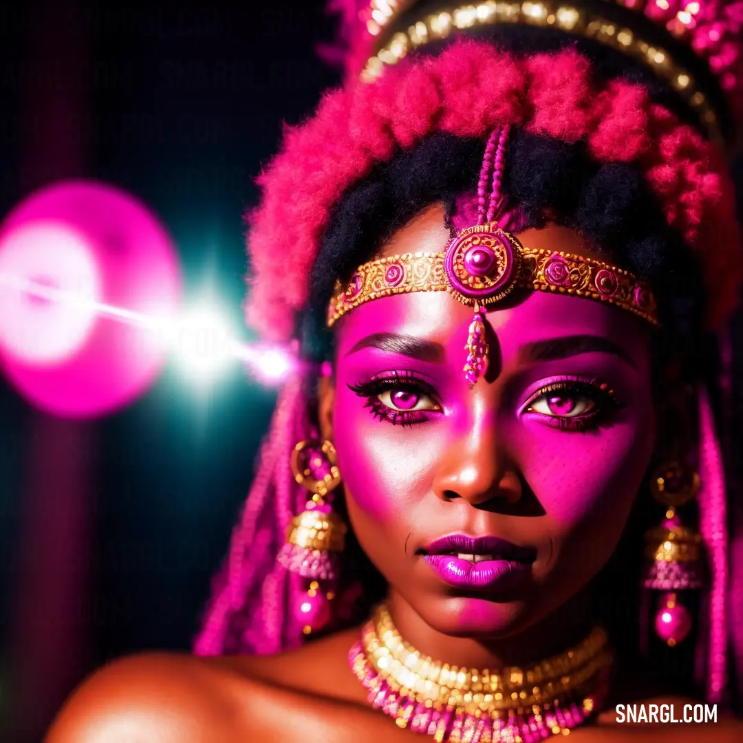 Woman with a pink make up and a headpiece on her head and a bright pink light behind her