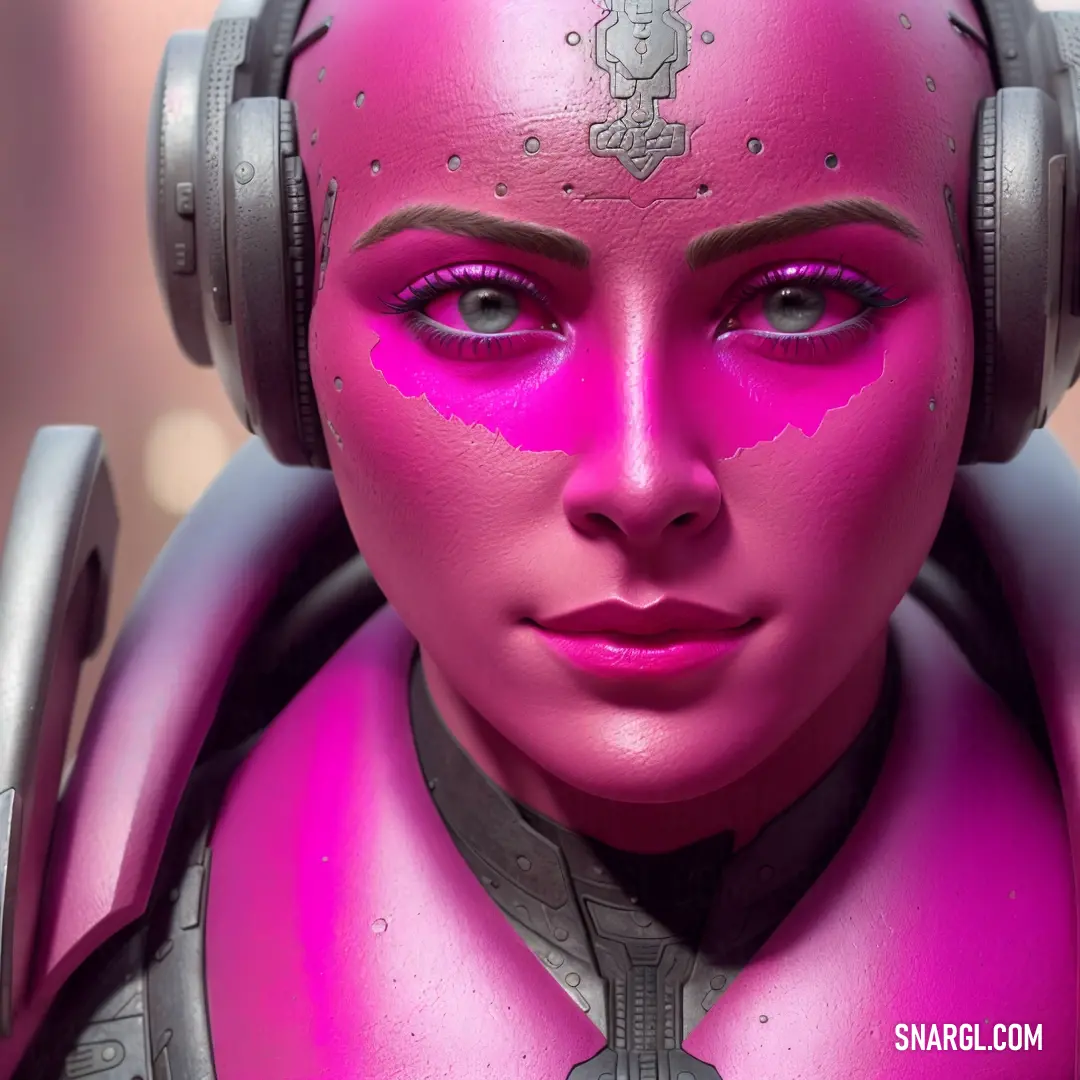 Woman with headphones and a pink make up looks at the camera with a serious look on her face. Example of Shocking pink color.