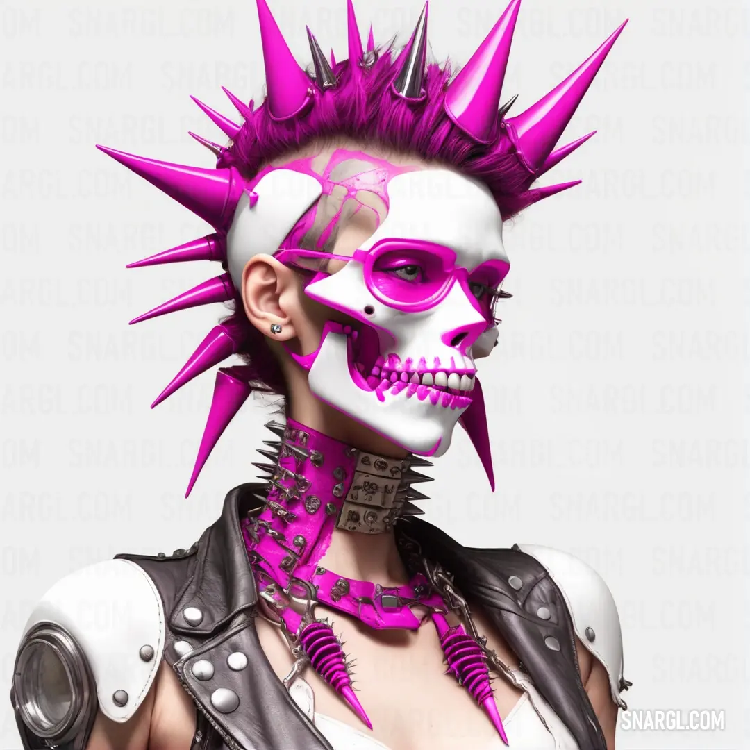 Woman with pink spiked hair and a skull face paint job on her face and chest. Color CMYK 0,94,24,1.