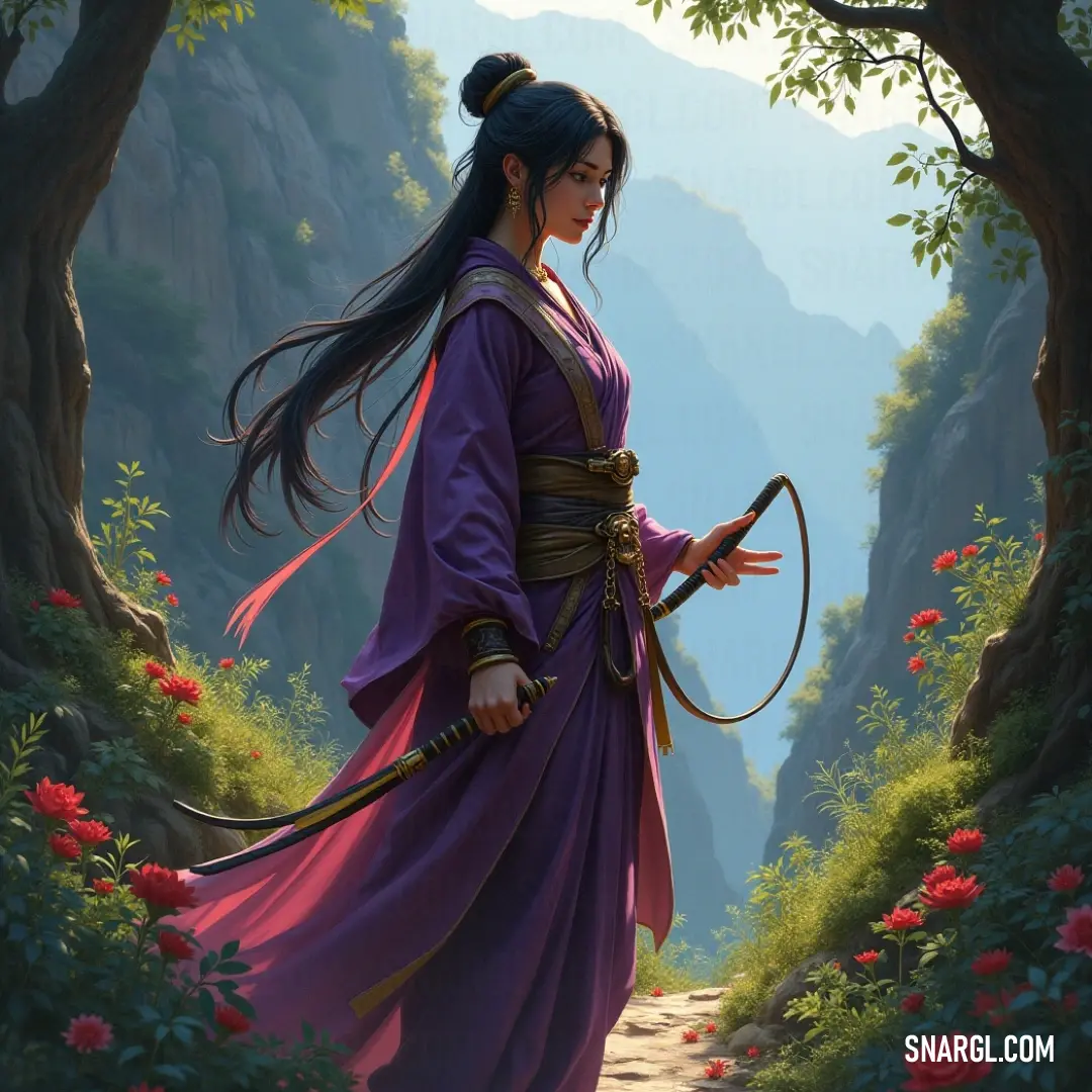 A mystical character in a purple dress, brandishing a sword, captivates viewers in a flower-filled forest, creating an enchanting tableau of nature and strength. A whimsical figure clad in a beautiful purple dress stands confidently in a mystical forest, wielding a sword with vibrant flowers and towering trees encircling her, evoking an aura of enchantment and bravery.