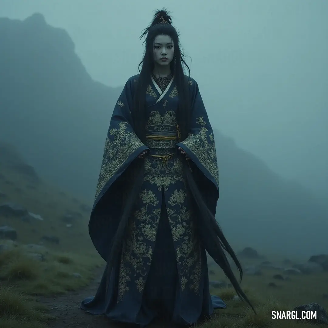 A regal figure in a blue and gold costume stands confidently on a hill shrouded in fog, surrounded by the mysteries of ancient mountains and tales untold. Draped in an ornate blue and gold costume, a majestic figure stands atop a fog-laden hill, the mystique of the misty mountains enveloping her in an enchanting aura of ancient tales and forgotten legends.