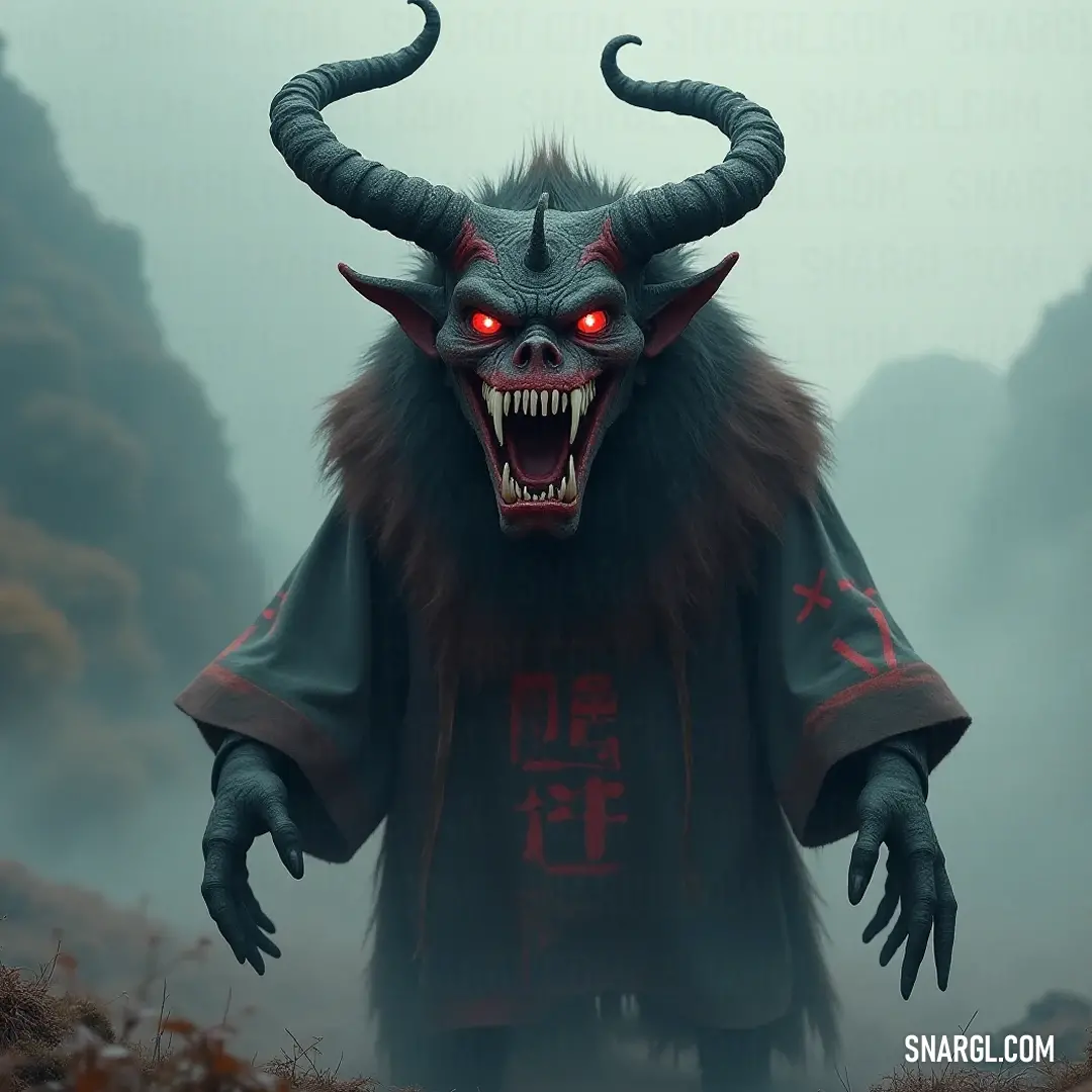 In a surreal foggy landscape, Shōki with fierce red eyes and majestic horns stands amidst the mystery of nature, inviting onlookers to explore ethereal beauty beyond the visible horizon of mountainous terrain. Emerging from a fog-enshrouded field, a striking figure named Shōki, with glowing red eyes and prominent horns, stands majestically against a backdrop of distant mountains, embodying a fusion of mystery and strength.