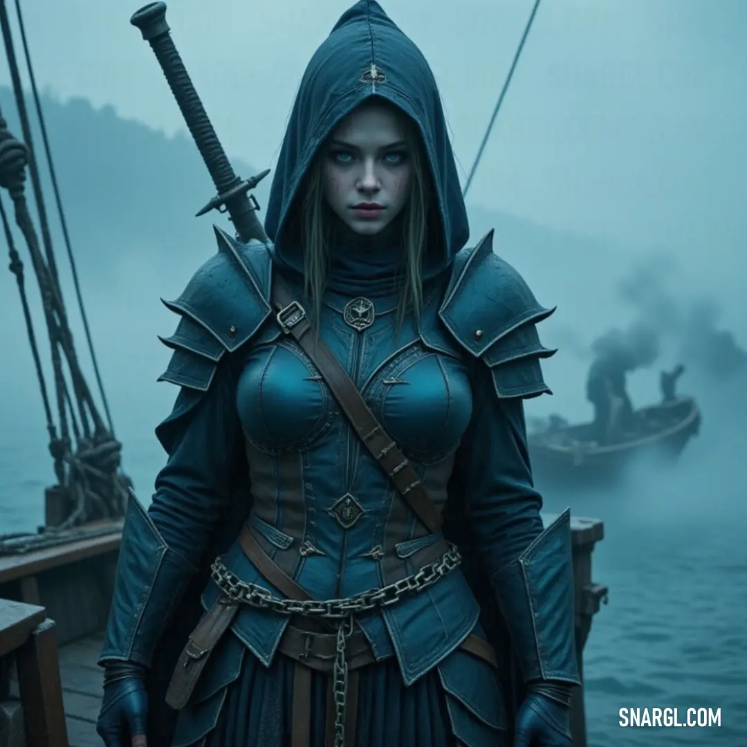 Shorlan, in a blue outfit with sword in hand, stands on a boat amidst tranquil waters, her hooded figure preparing for an unknown journey. Shorlan, dressed in a striking blue outfit, stands on a boat in the calm waters. A sword clutched firmly in her hand, her hooded figure is poised, ready for whatever lies ahead in the vast expanse before her.