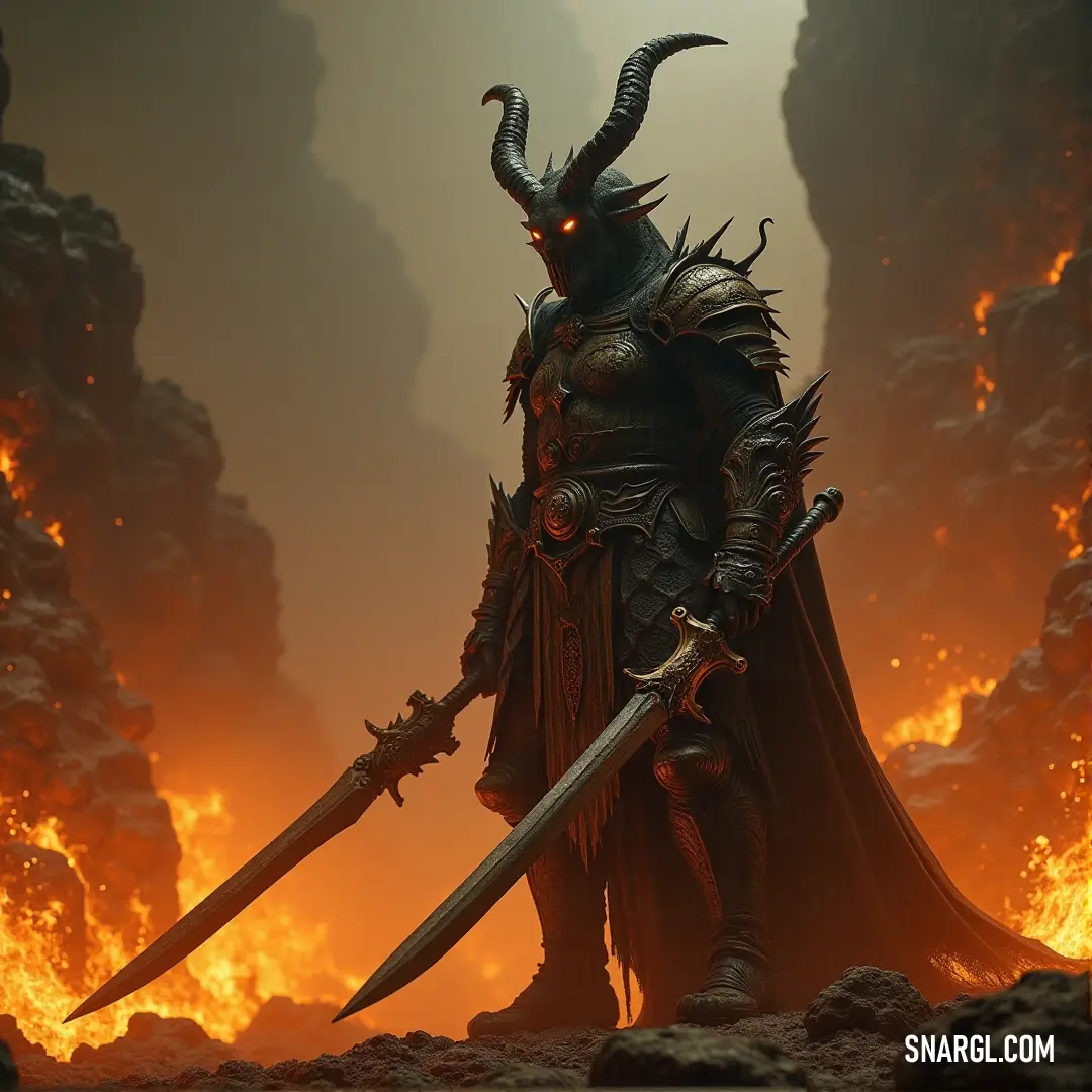 A horned demonic warrior holds a sword in a fiery desert, with flames and smoke surrounding him in an infernal display of power. A demonic warrior, wielding a sword, stands amidst a desert landscape filled with fire and chaos. His horned form emanates a dark power as flames rise in the background, adding to the fiery atmosphere.