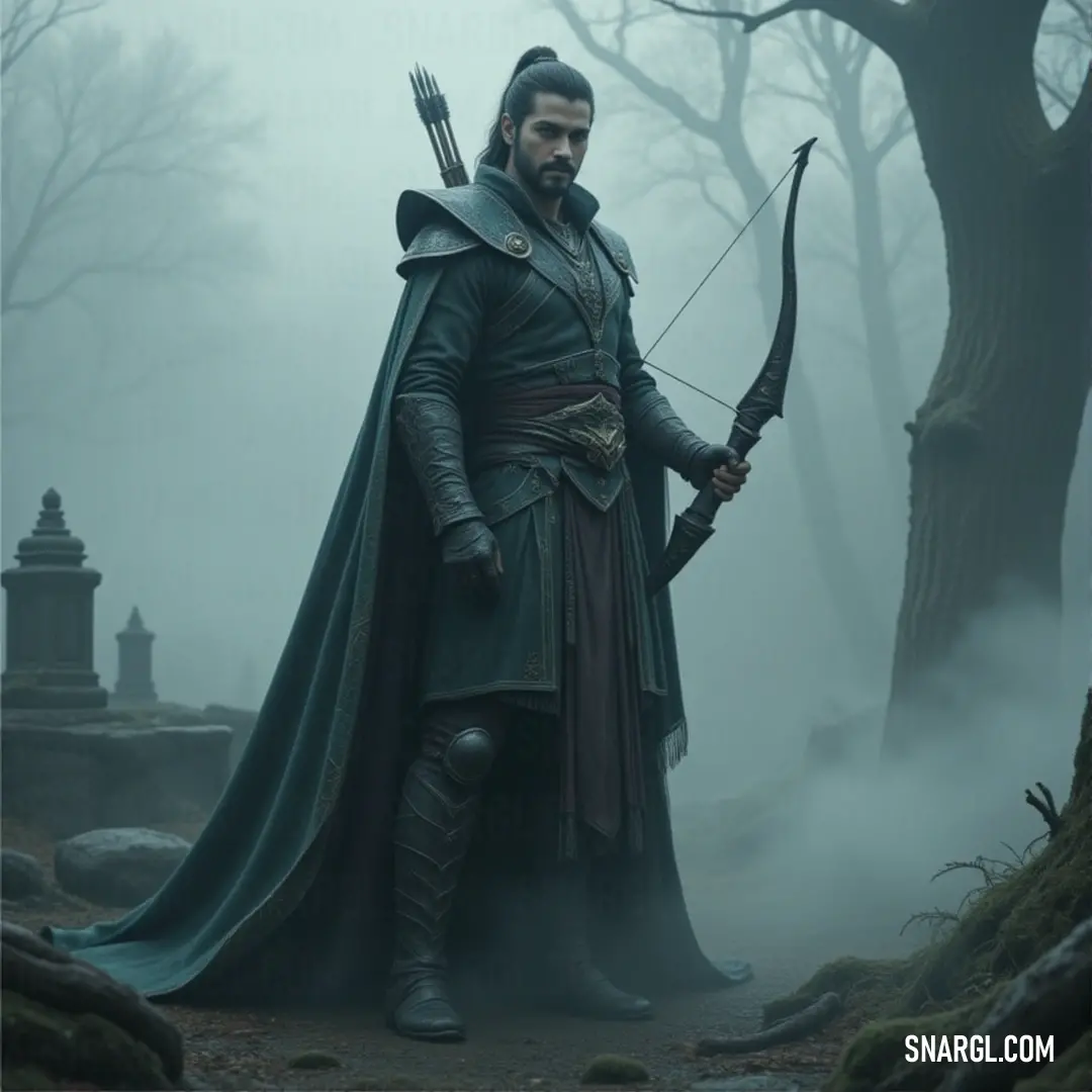 In the midst of a foggy forest, Shuma-Gorath, dressed in a dramatic costume, takes aim with a bow and arrow. Towering trees and mysterious rocks create an eerie backdrop as he prepares for an unknown target in the mist.