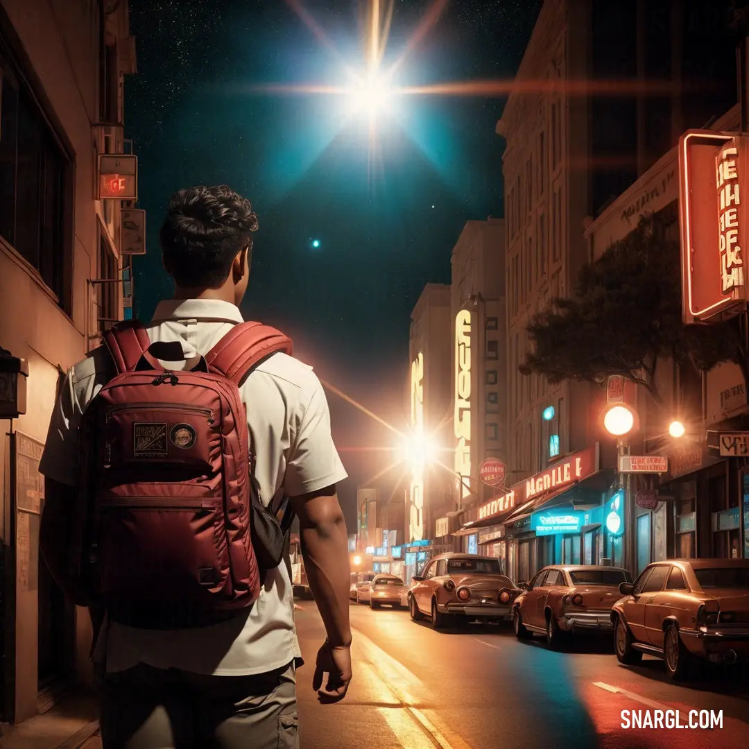 Man with a backpack walking down a street at night with cars parked on the side of the street