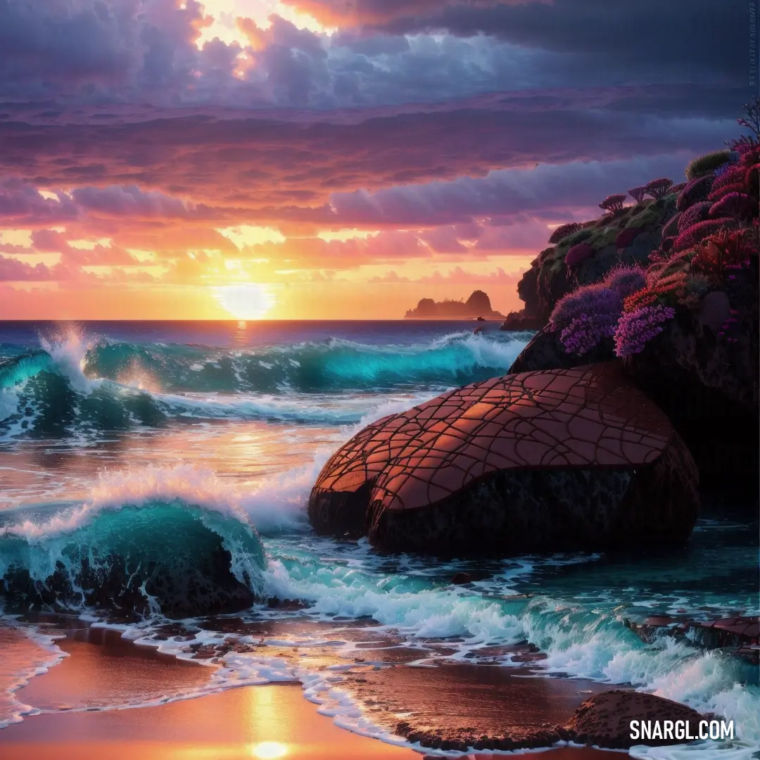 Painting of a sunset over the ocean with waves crashing on the shore and a rock in the foreground
