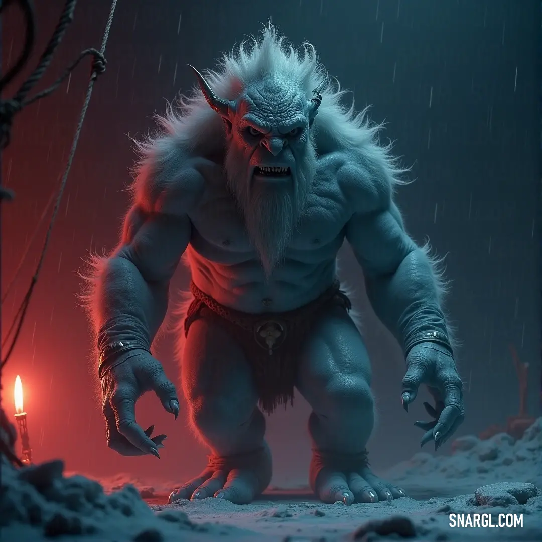 Sif, with a wild beard and dressed in a rugged costume, stands in the snow, a candle flickering in the cold air next to a lantern, casting a warm glow on the frozen landscape surrounding her.