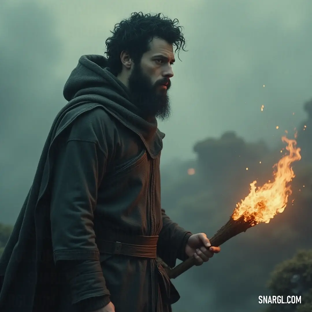 A fierce warrior adorned in a dark hoodie, with a thick beard, brandishes a flaming stick during twilight, casting flickering shadows around him as he prepares to illuminate his path through a mystic landscape filled with wonder.