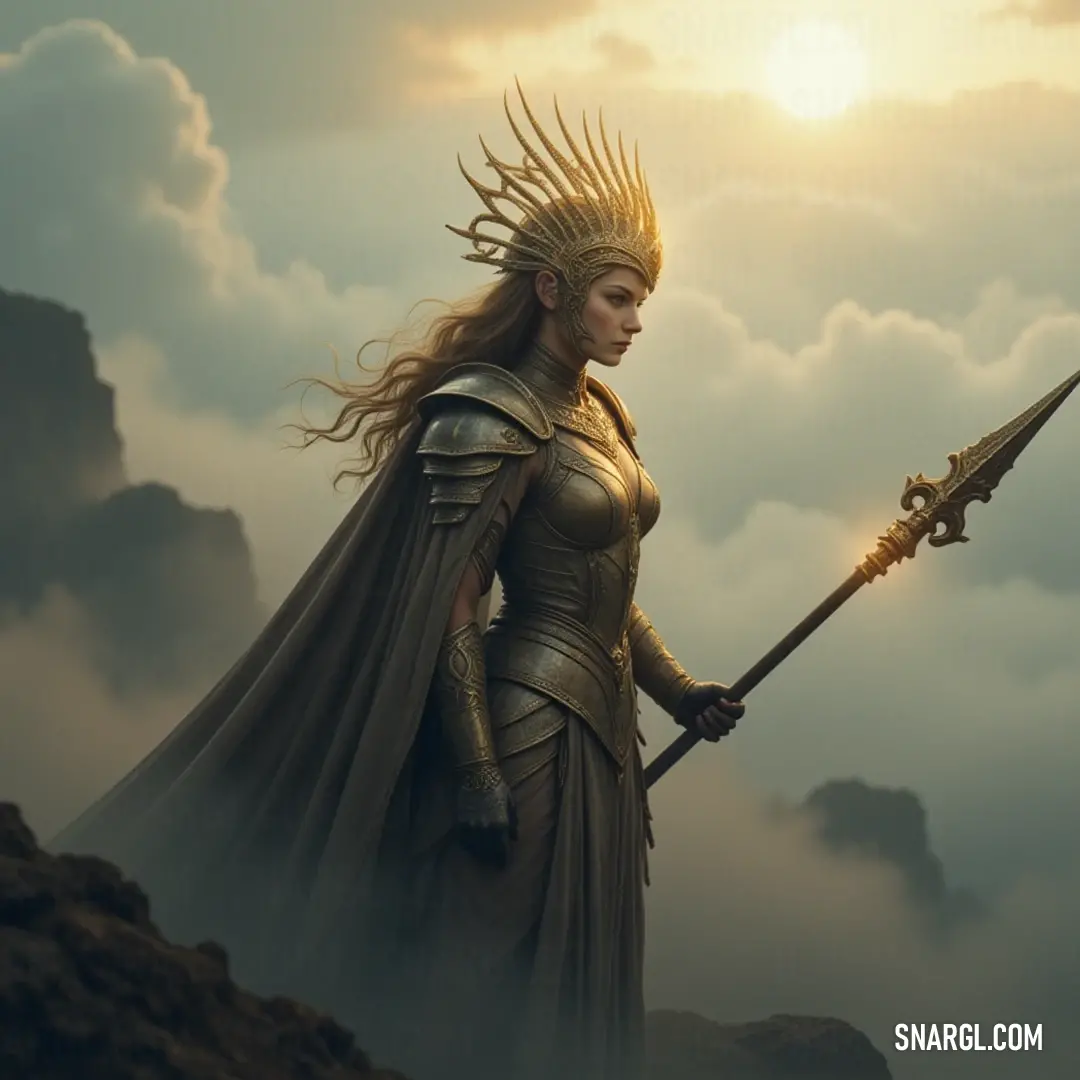 A heroic figure clad in an ornate golden outfit, wielding a gleaming sword as she stands confidently against a dreamy backdrop of swirling clouds, embodying a blend of courage and mystique.