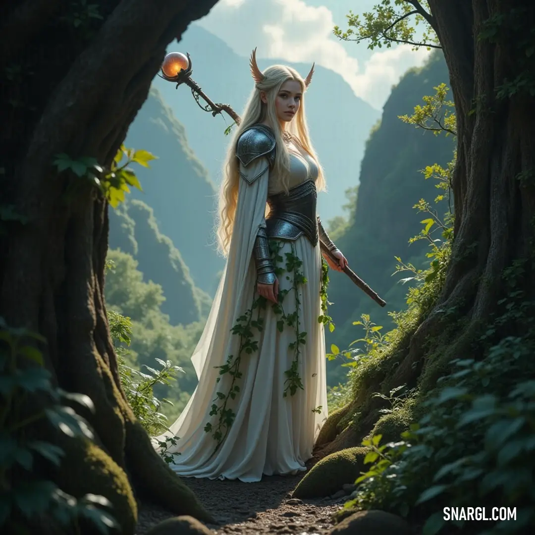 A luminous figure in white, wielding a sword and light, stands gracefully in a forest, radiating an aura of serenity and strength. In a mystical forest, a figure in a flowing white dress holds a sword and a radiant light, her presence infused with an ethereal quality, as sunlight pierces through the trees, illuminating her path.