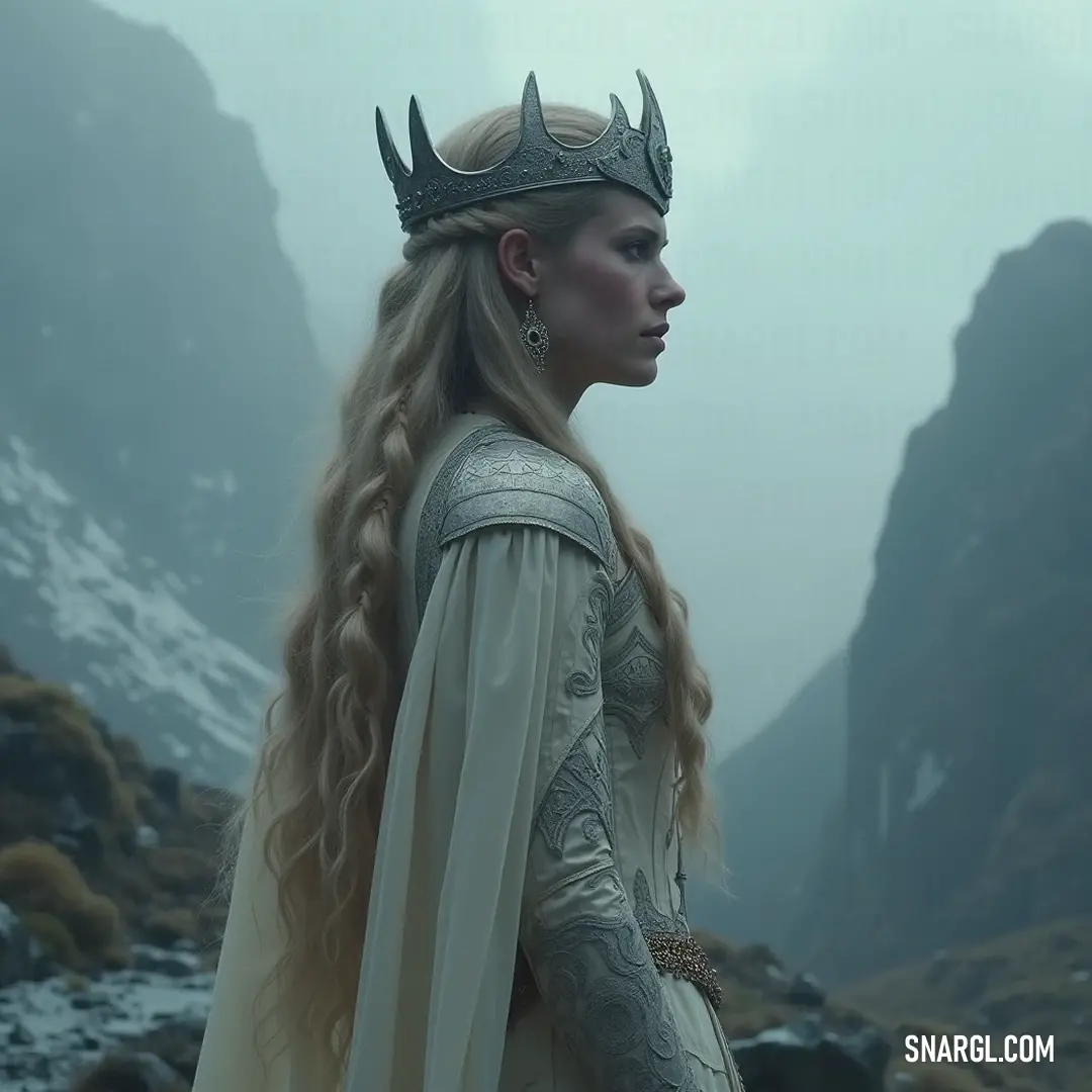 A regal lady dressed in a delicate white gown and adorned with a shimmering crown stands poised amidst breathtaking mountains. The misty sky creates a mystical backdrop, adding to the ethereal quality of this tranquil moment.
