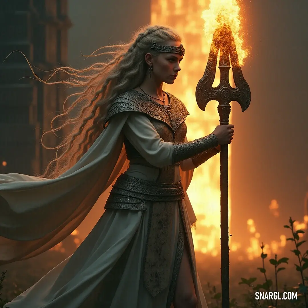 A luminous figure with a large fire staff stands boldly against a fire-filled sky, exuding strength and otherworldly majesty. With a fire staff in hand, a radiant figure in a flowing white gown stands against a backdrop of a fiery sky, where flames and shadows dance, making her look powerful and otherworldly.