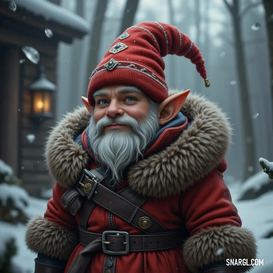 In a serene snowy forest, Sigvard stands proudly, adorned with a glorious red hat, framing a picturesque scene as a quaint house sits snugly in the distance, painting a contrast against the pristine white landscape.
