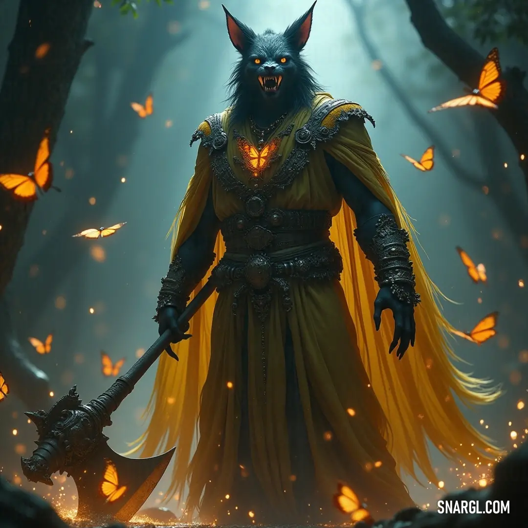 A demonic being holding a large axe stands in a forest, surrounded by butterflies, with a butterfly-like companion on his shoulder. A towering demonic creature stands in a forest, wielding a massive axe. Butterflies swirl around him, with a butterfly-like figure perched on his shoulder, adding an odd contrast to his dark, fearsome presence.