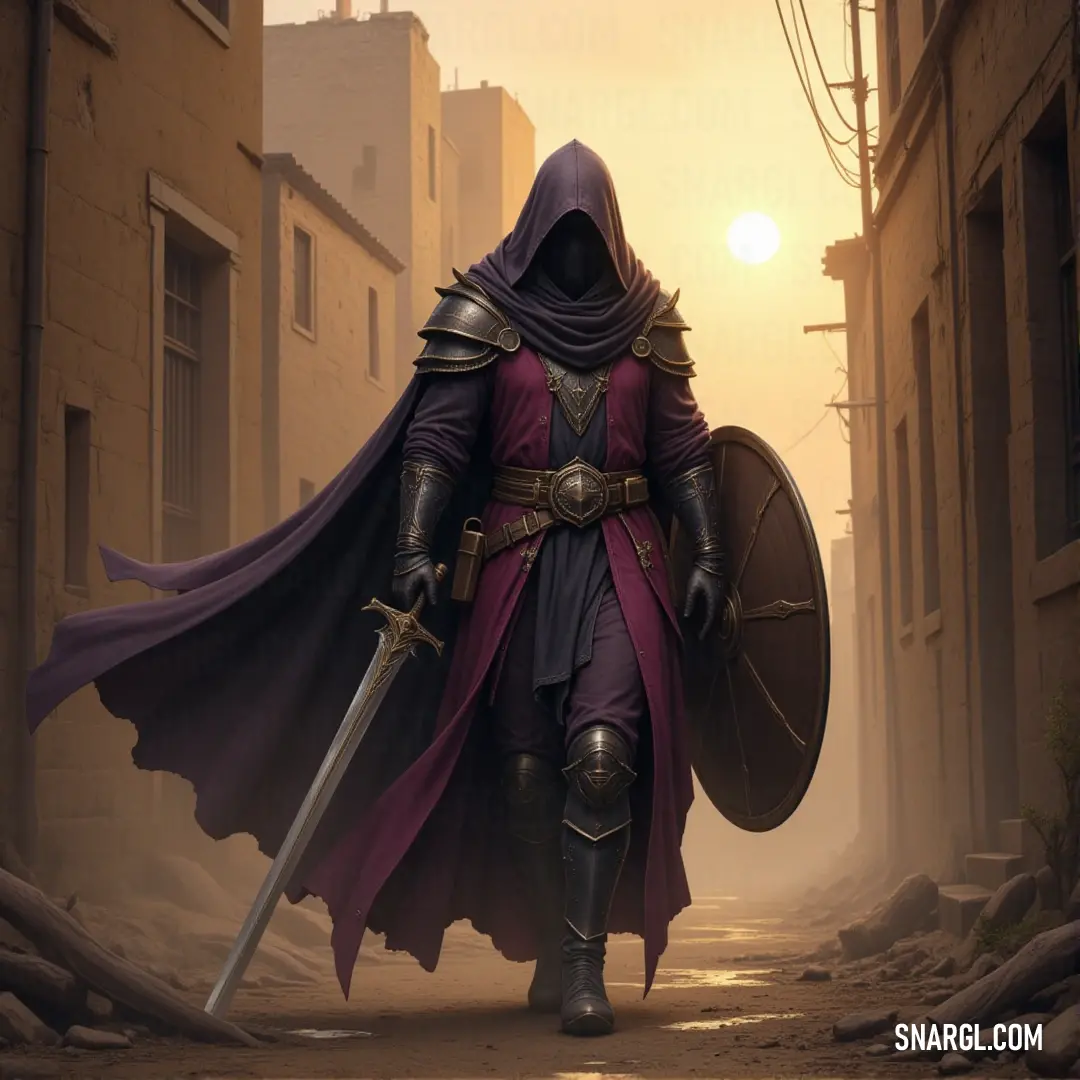 Silas in his purple attire, holding a sword and shield, walks through a vibrant city street bathed in the warm glow of a sunset, a quiet sense of adventure in the air. Silas strides confidently through a bustling city street at sunset, his purple outfit gleaming in the golden light. Clutching a sword and shield, he moves with purpose, ready for any challenge that may arise in this vibrant urban setting.