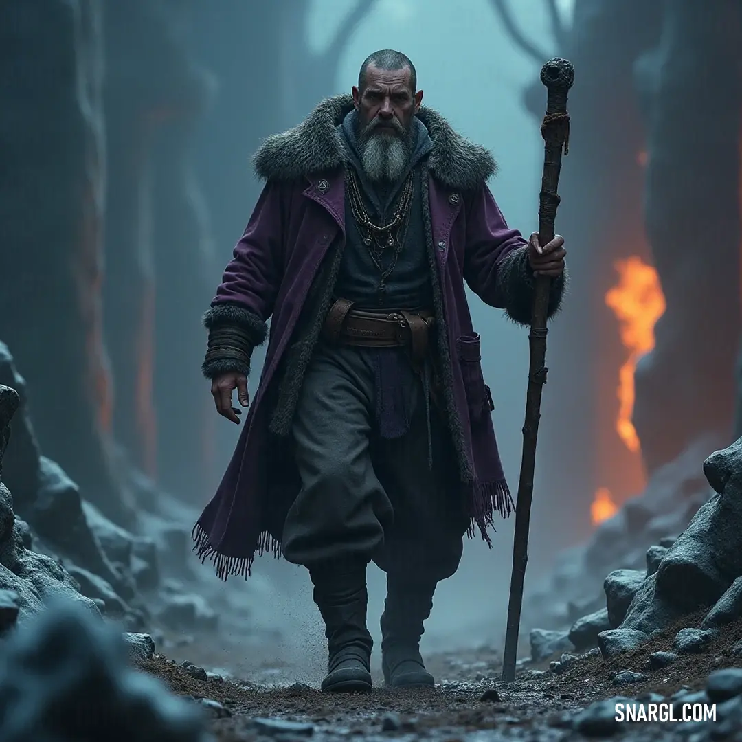 A wise figure walks thoughtfully through a dense forest, staff in hand, draped in a long coat that flows with each step. Their long beard sways gently, harmonizing with the rustling leaves. Sunlight filters through the foliage, lending a magical glow to t