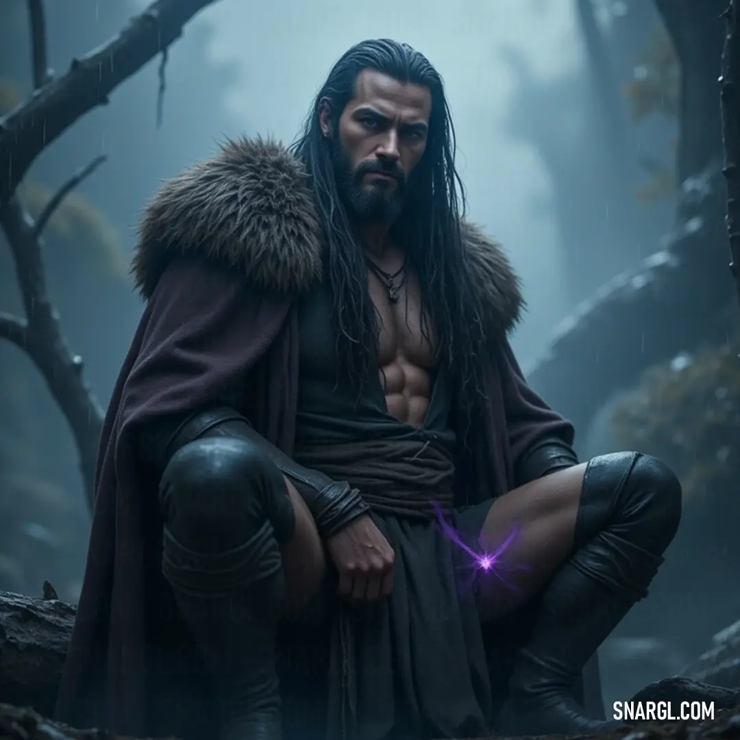 A mystical figure balances on a rocky perch in the woods, illuminating the twilight with a purple light in his hand, surrounded by the enchanting charm of nature. A wise figure with long hair and a flowing beard stands on a rugged rock amid a mystical forest, holding a glowing purple light. The ethereal glow enriches the scene, blending harmoniously with the surrounding nature, creating an atmosphere of wisdom and