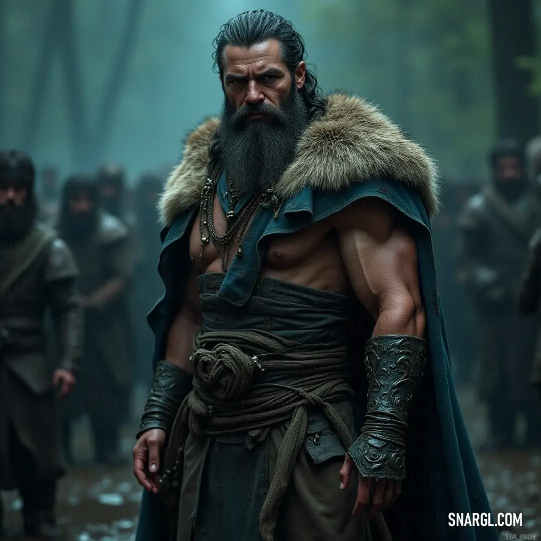 In a lush forest, a figure with a fur collar stands among fellow warriors, each displaying a unique strength. Their beard and determined expression hint at countless adventures, embodying the spirit of camaraderie and bravery in the pursuit of shared goal