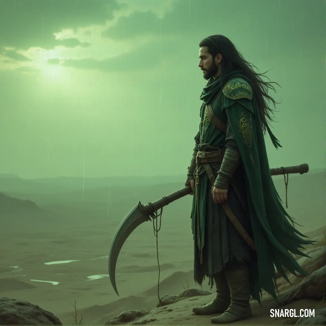 A rugged figure clad in a green outfit grips a massive axe, his stance firm and ready for battle. The earthy tones of his attire blend with the wilderness surrounding him, suggesting his deep connection to nature and a readiness to protect it at all costs
