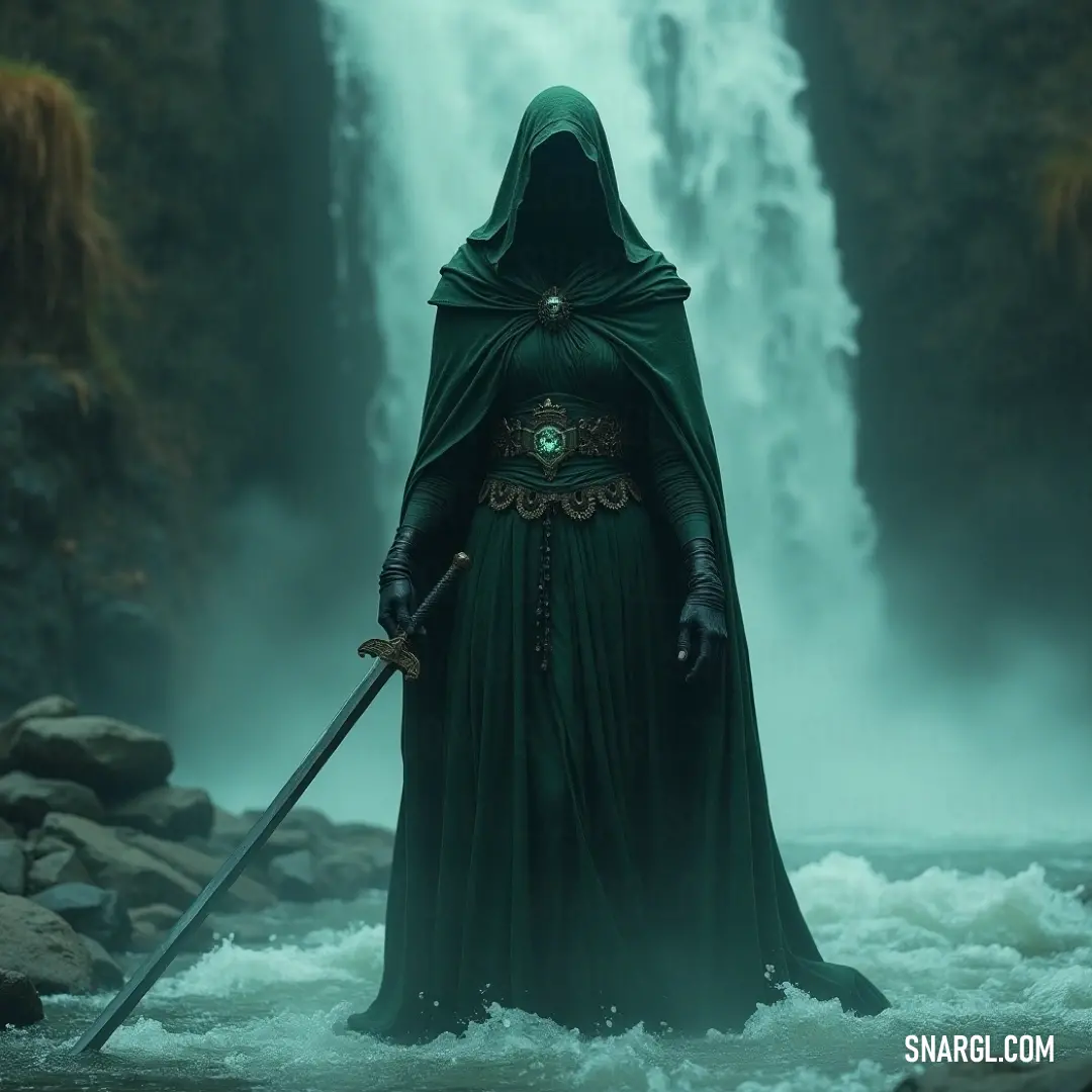 A spectral phantom in a green cloak brandishes a sword beside a tranquil river, with a majestic waterfall cascading nearby. A ghostly warrior, clad in a flowing green cloak, stands proudly with a sword at the edge of a serene river, while a cascading waterfall serves as a stunning backdrop in the distance.