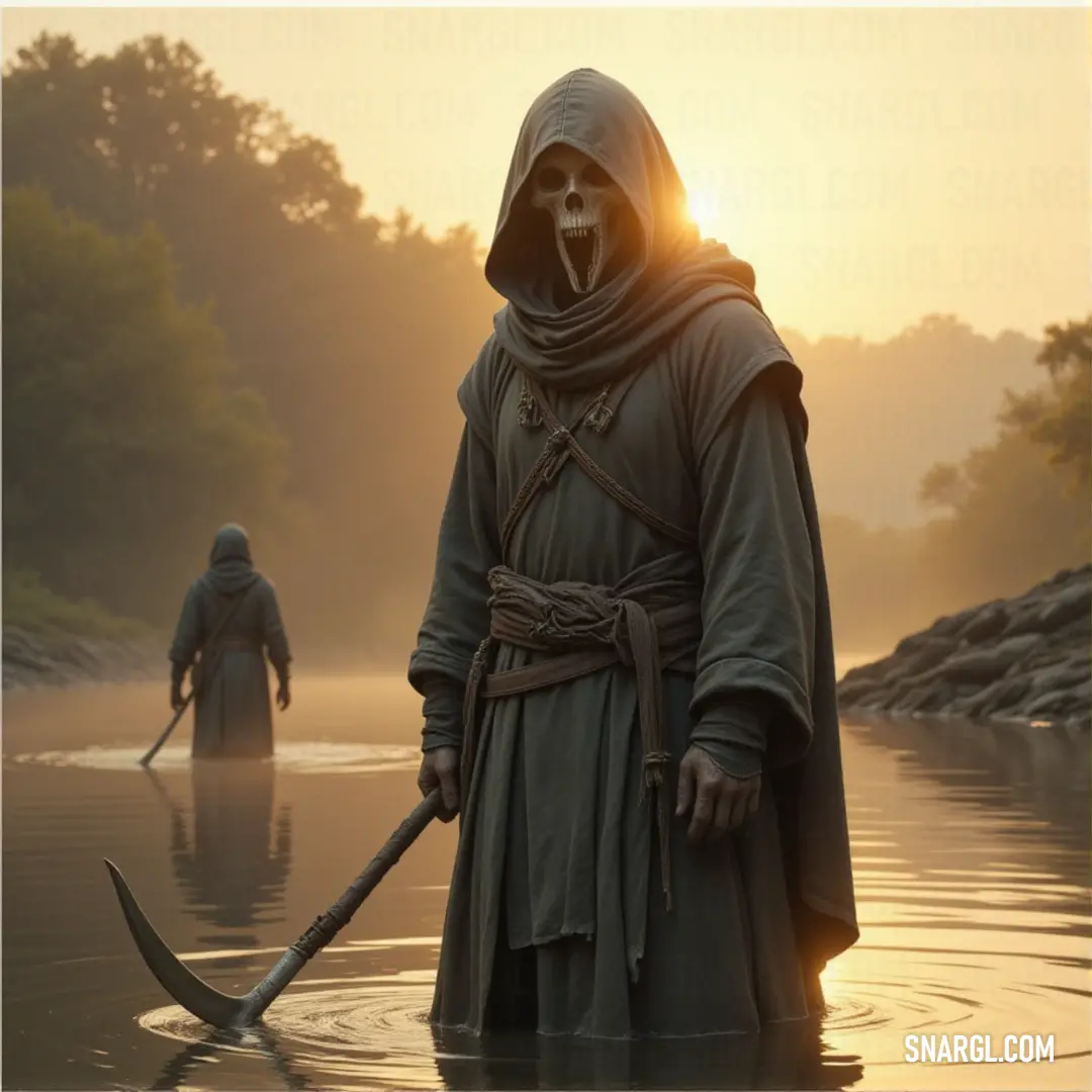The Silent Phantom, draped in a hooded robe, grips a long staff as they stand motionless in the water. A person lingers in the background, making this scene one of eerie anticipation. A Silent Phantom, cloaked in shadow, holds a long staff while standing in a tranquil body of water. In the distance, a figure looms, adding an air of secrecy and the unknown to the scene.