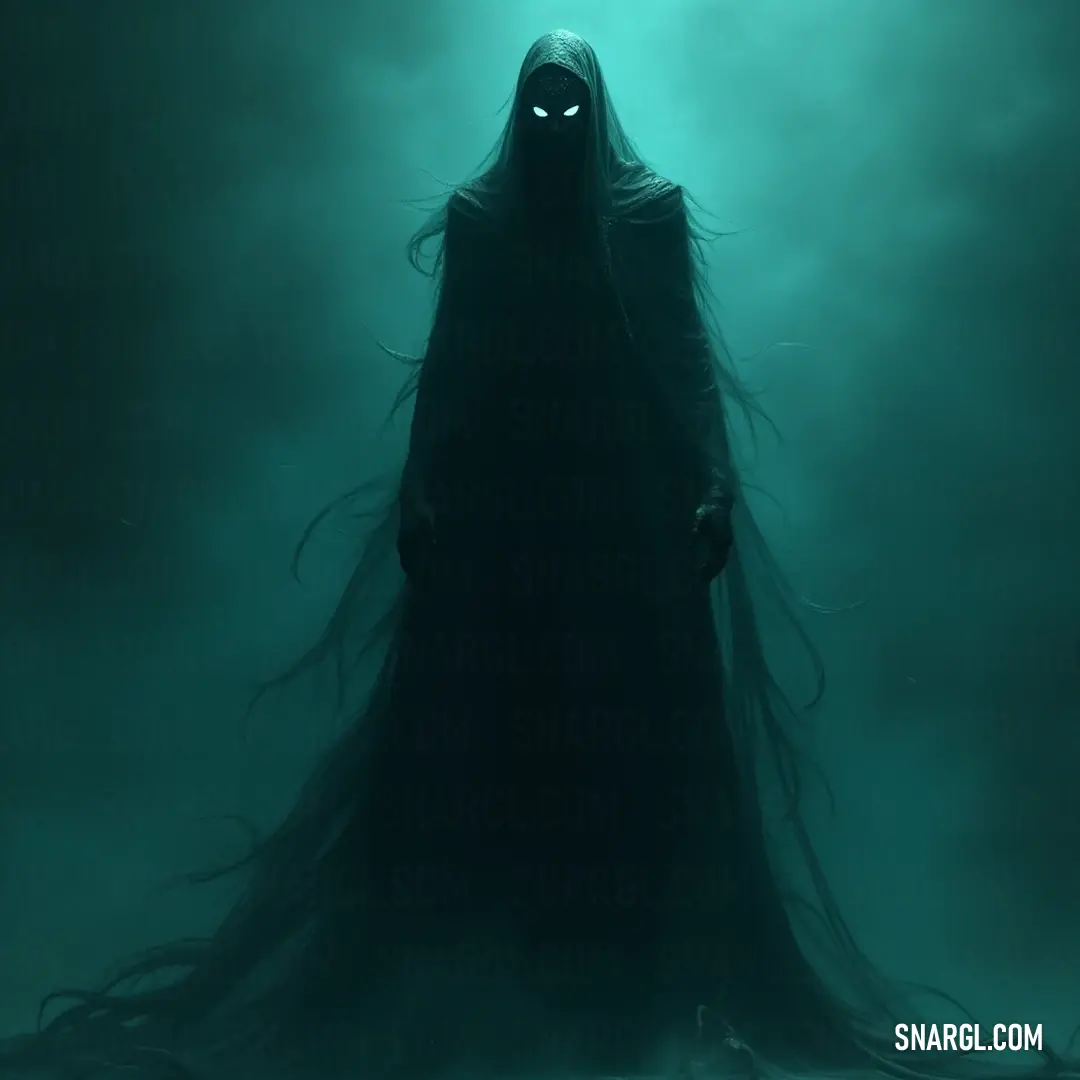 An enigmatic figure cloaked in dark fabrics emerges from the depths of fog, the glow of its eyes igniting curiosity against a backdrop of obscured reality. A haunting dark hooded figure with long flowing hair appears amidst a dense fog, its piercing eyes glimmering ominously, casting an aura of mystery and intrigue.