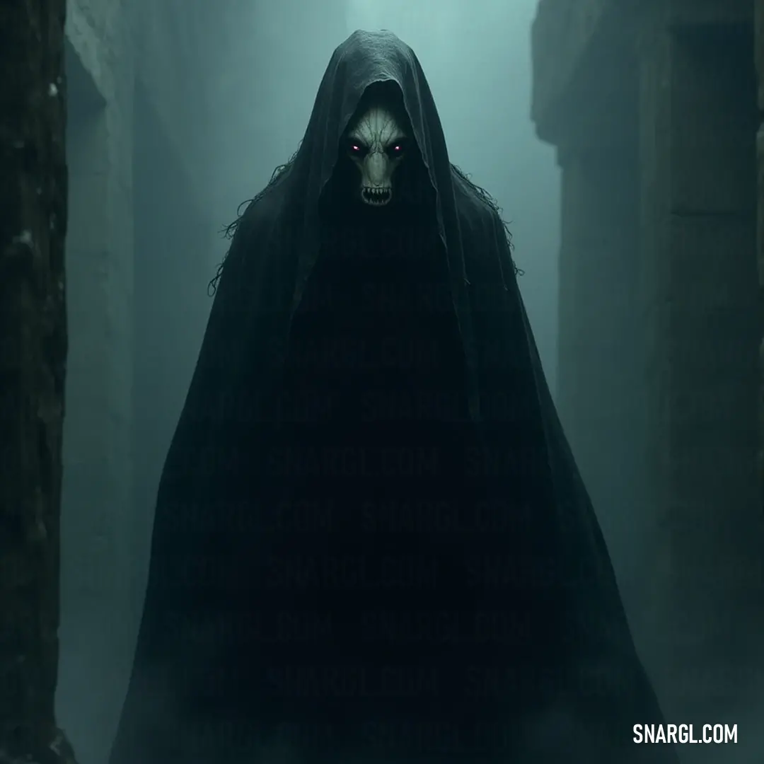 A chilling Demonic Silent Wraith inhabiting a shadowy alley, where light dares not tread. Demonic Silent Wraith cloaked in shadows, lurking in a fog-filled dark alleyway, its sinister face twisted into a chilling grin, evoking fear as darkness swirls around.