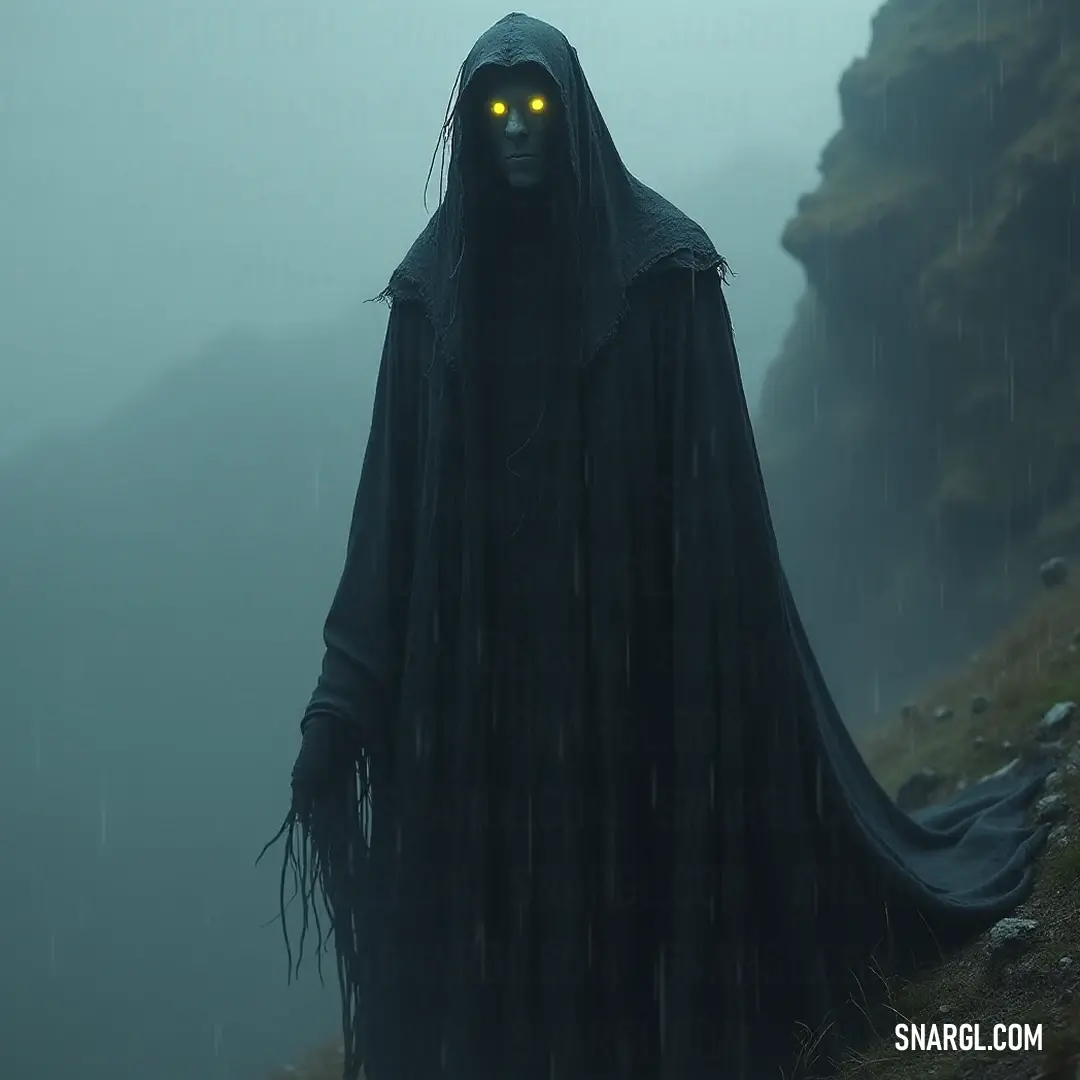 Defiant Silent Wraith against the elements, embodying the storm's wild spirit with glowing yellow eyes. Mysterious Silent Wraith dressed in a cloak, standing resolutely on a rain-soaked hill, with piercing yellow eyes that glow against the stormy backdrop, showcasing an unnerving strength.