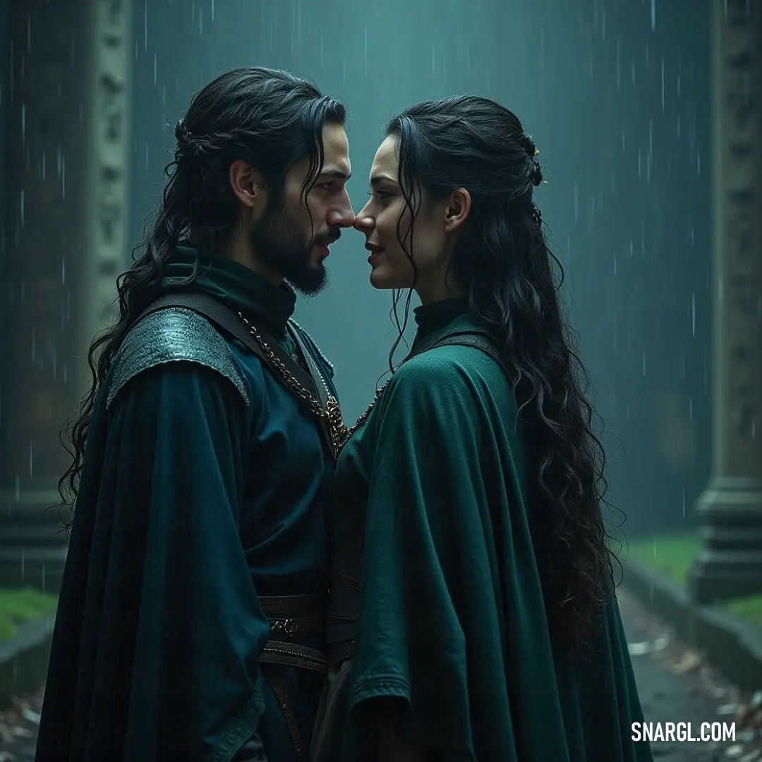 A contemplative moment captured as a man and woman, clad in green and black, share a rainy day together, embodying strength and connection against the elements. A man and a woman, both dressed in shades of green and black, stand closely together amidst a gentle rain. Water droplets cascade around them, as their expressions reflect a mix of determination and camaraderie under the cloudy sky.