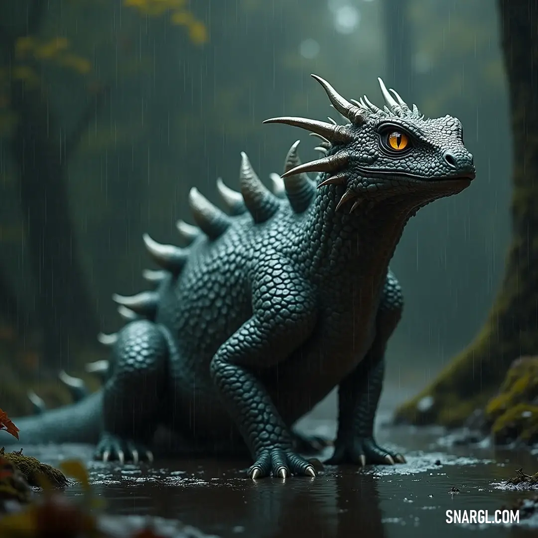 Courageous Toy Godzilla in the Rainy Forest, Facing Nature's Elements with Fierce Determination. A toy Godzilla stands defiantly in the rain, its yellow eye gleaming through the raindrops amidst fallen leaves and weathered trees, embodying a sense of resilience and strength.