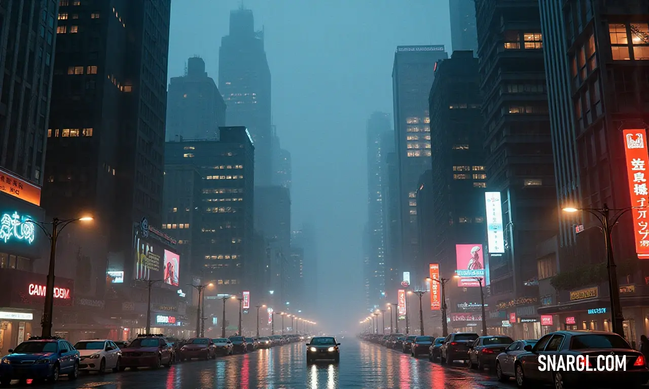 City street with cars driving down it at night time with buildings in the background