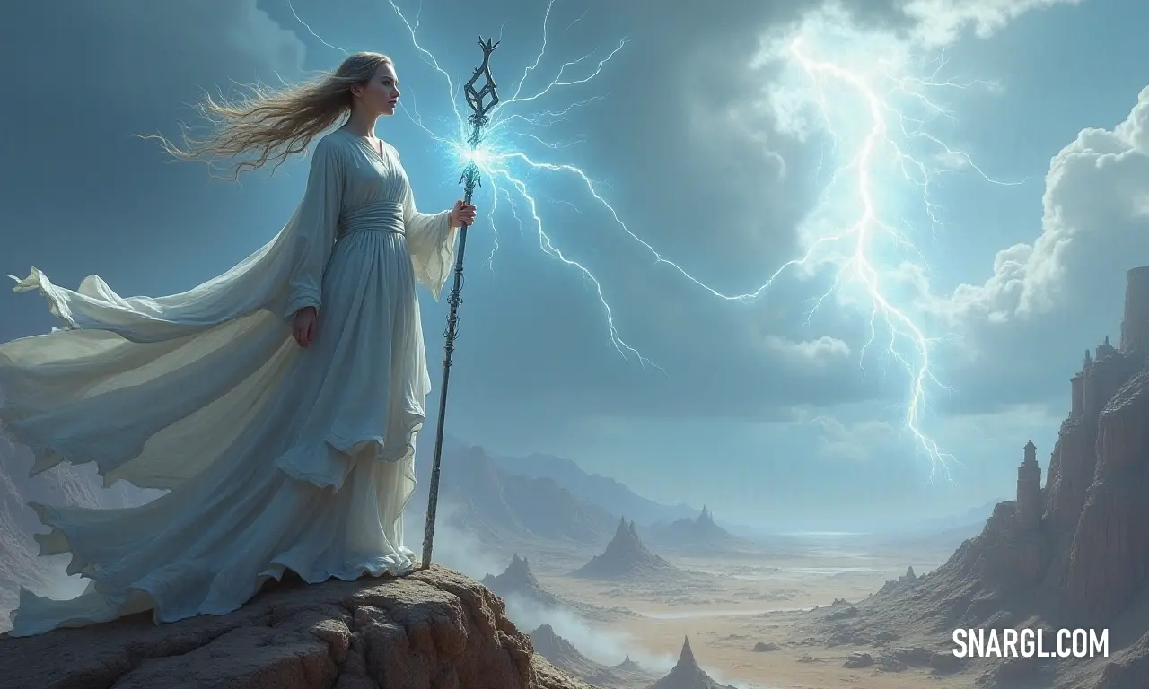 Woman in a white dress holding a staff standing on a rock in a desert area with a lightning bolt in the sky