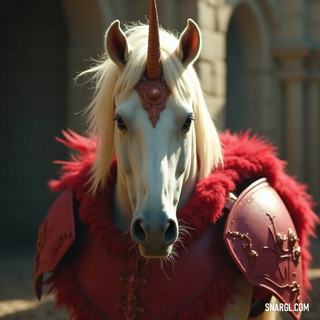 Regal White Silver Unicorn wearing a vibrant red cape and imposing helmet, representing courage and strength in an enchanting forest. A striking White Silver Unicorn, adorned with a regal red cape and a fierce helmet, stands confidently amidst a forest, its noble stance reflecting bravery and elegance in a mystical setting.