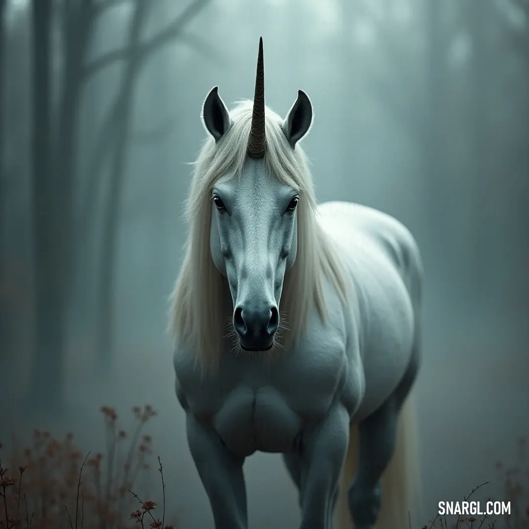 A White Silver Unicorn with a long flowing mane stands proudly in a forest clearing, surrounded by vibrant flowers and towering trees, its graceful form radiating strength and elegance.