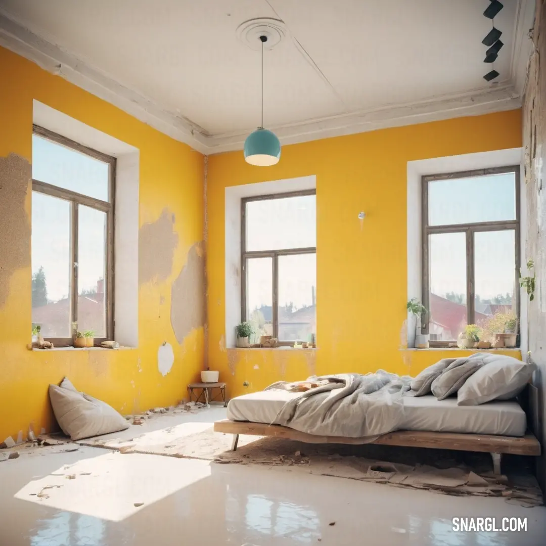 Silver color example: Bedroom with yellow walls and a bed in the middle of the room with a lot of pillows on the floor