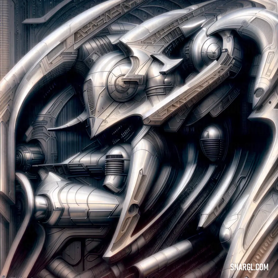 Futuristic looking artwork piece with a large metal structure in the middle of it's face