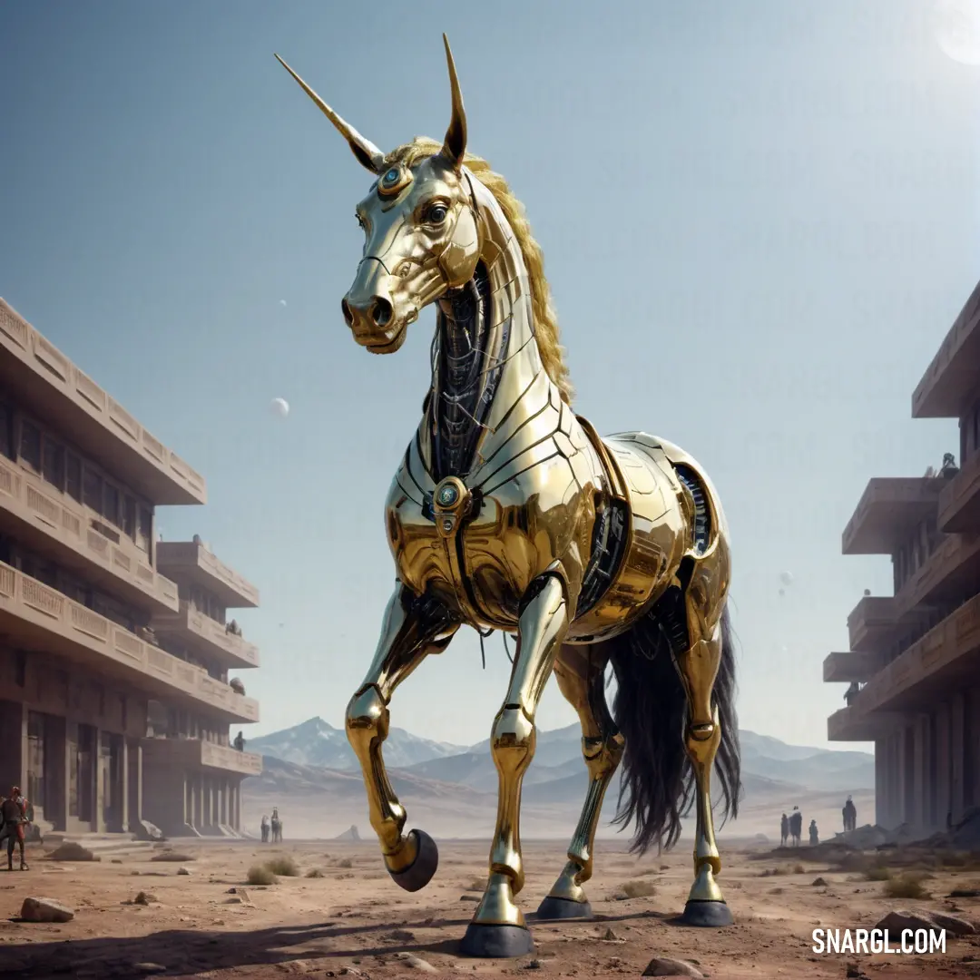 Golden horse statue in front of a building in a desert area with people walking around it