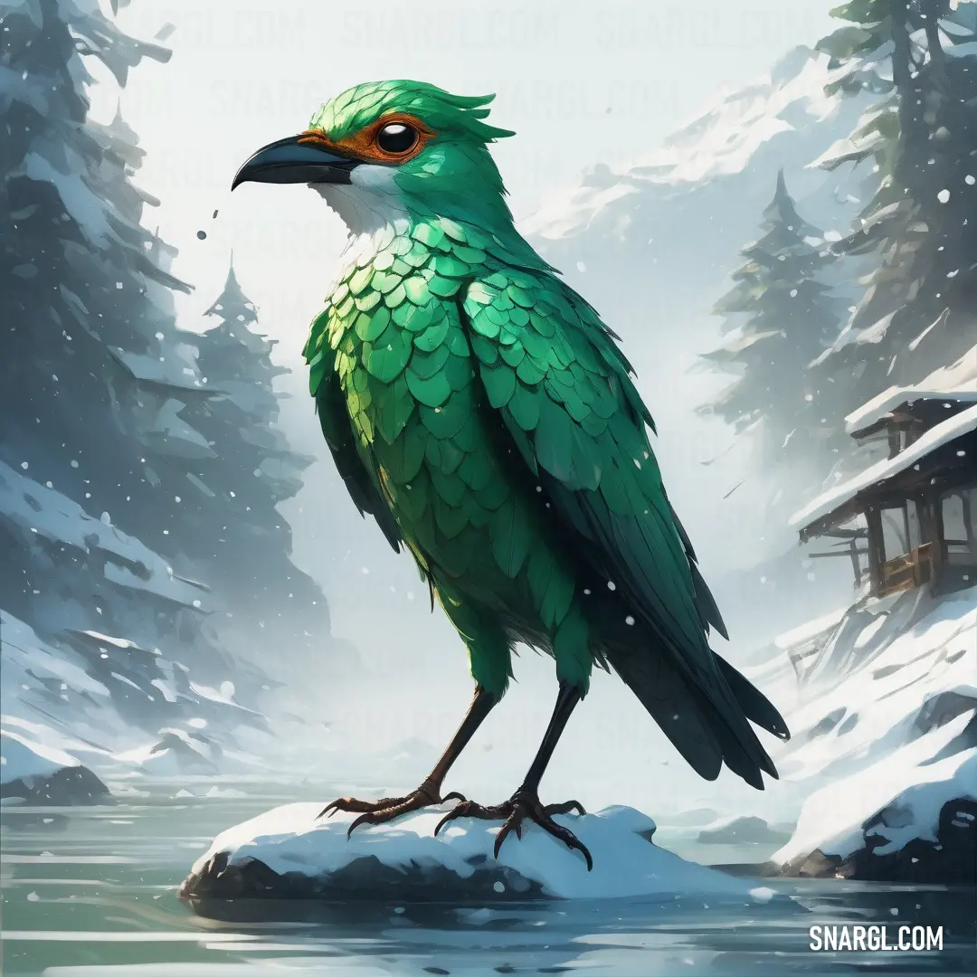 Green bird standing on a rock in the snow near a lake and a cabin in the background