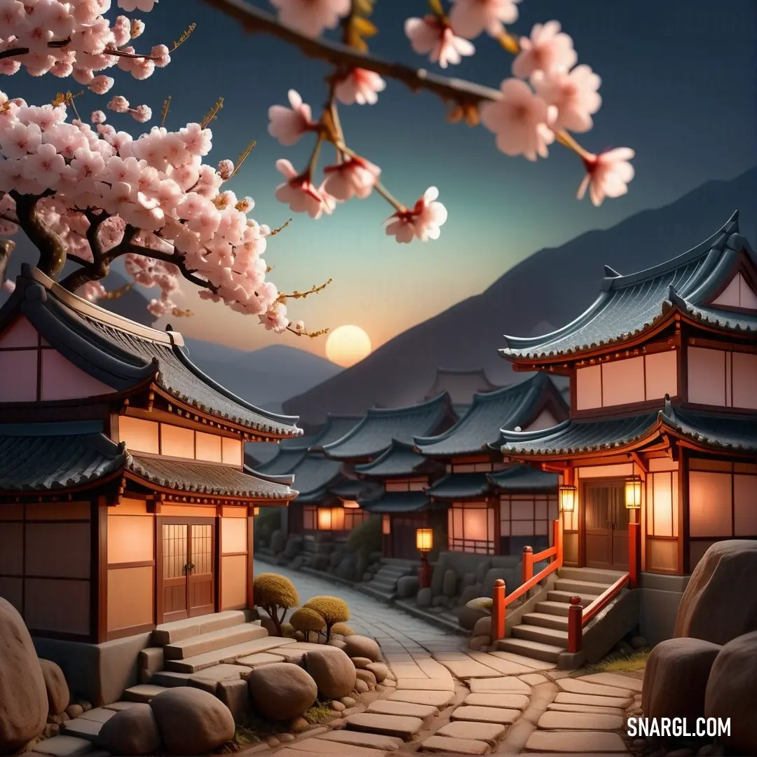 Japanese landscape with cherry blossoms and a path leading to a building with a sunset in the background and a mountain in the distance