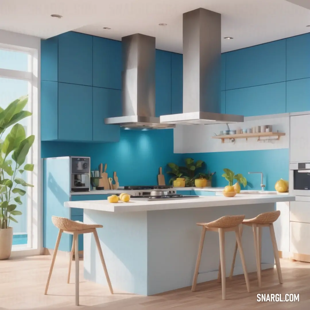 Kitchen with a blue wall and a white island with two stools in it and a potted plant on the counter. Example of Silver color.