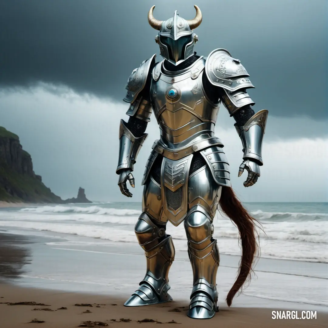Man in a suit of armor standing on a beach next to the ocean with a long tail in his hand
